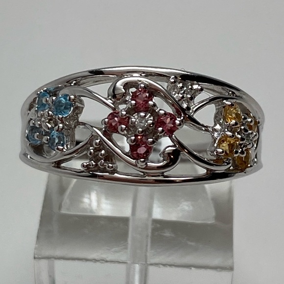 10K White Gold Blue Pink and Yellow Topaz Diamond Flower and Vine Ring Sz 8 New